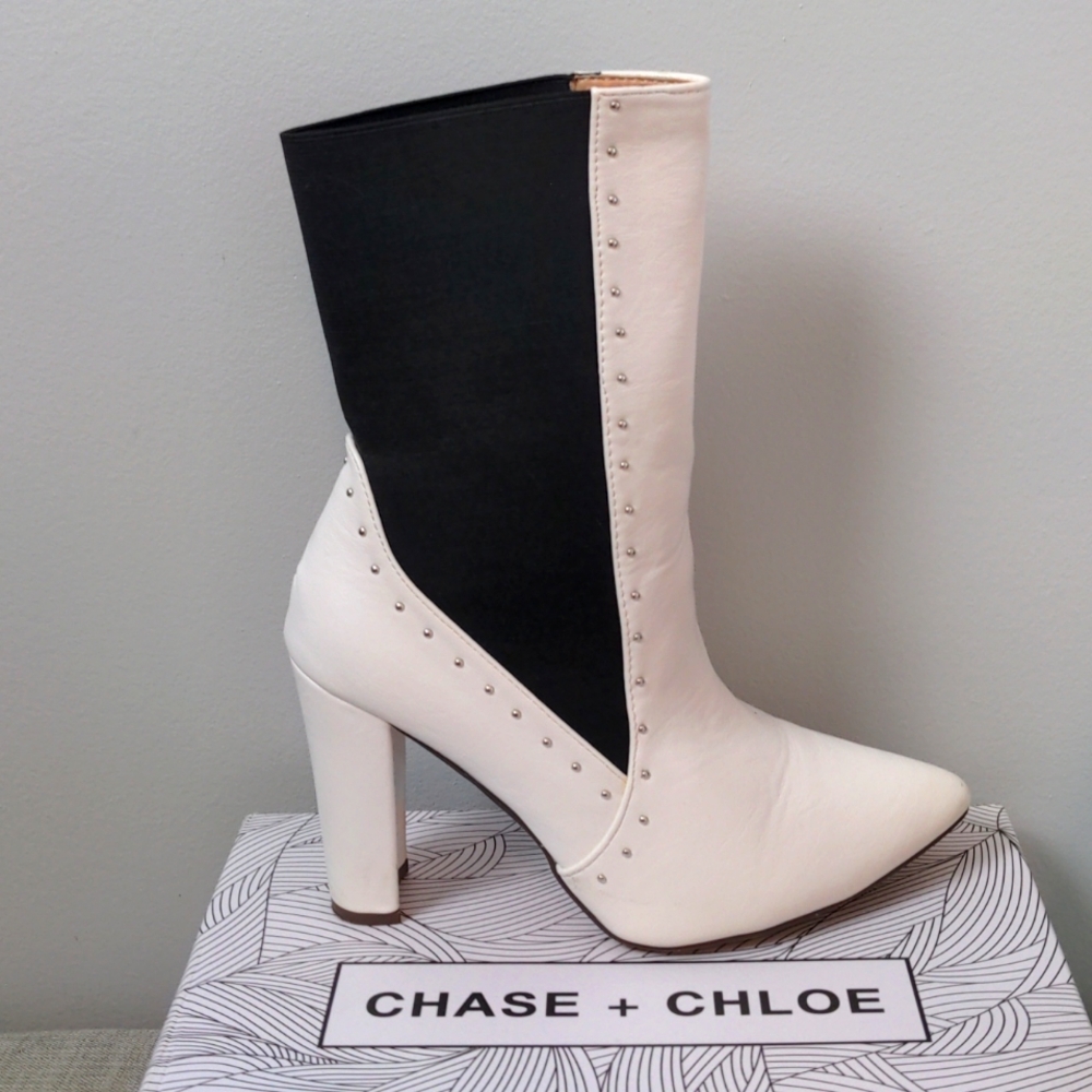Chase + Chloe, White/Black, 4" heel boots